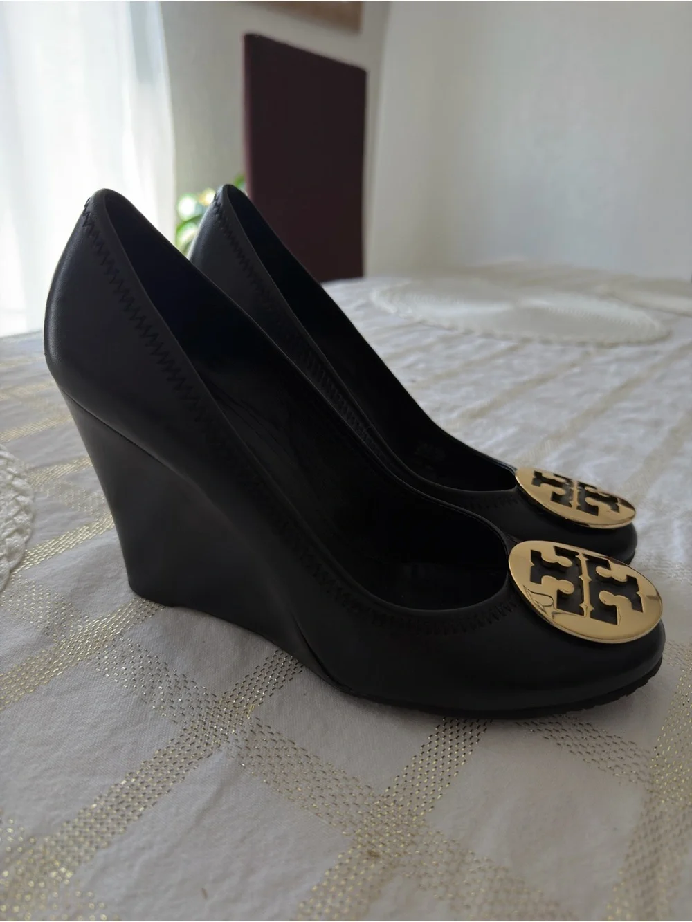 Tory Burch Black Wedge Pumps with Gold Logo Emblem